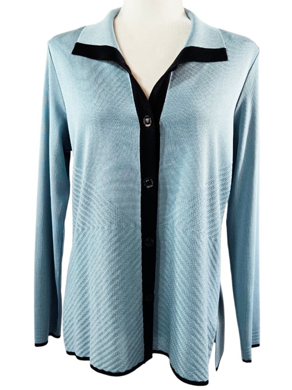 Exclusively Misook Pale Blue Button-Up Cardigan Contrast Trim Modest
